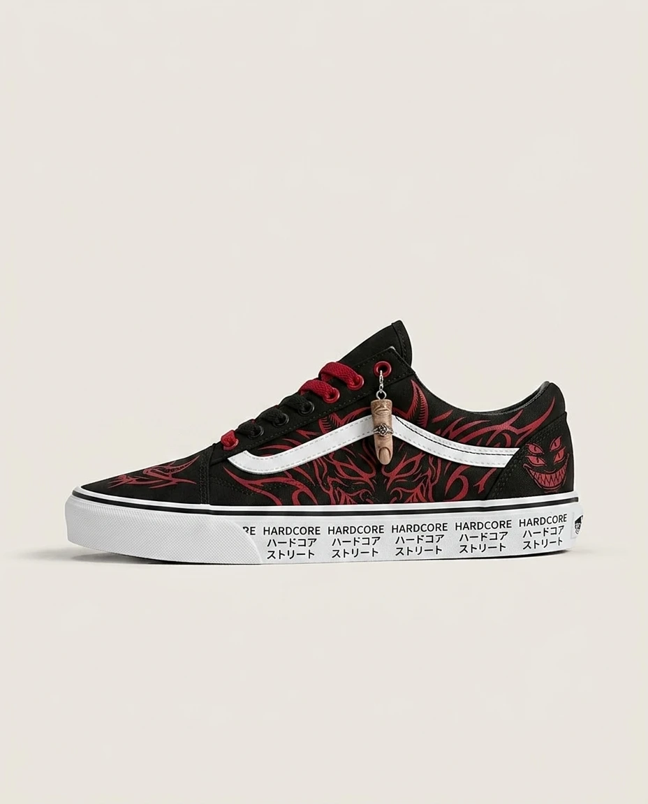 Vans Old Skool Shoes Demon King Tattoos Glossy Vinyl Goth Finish Custom 1 Vans Old Skool Shoes Demon King Tattoos Glossy Vinyl Goth Finish Custom