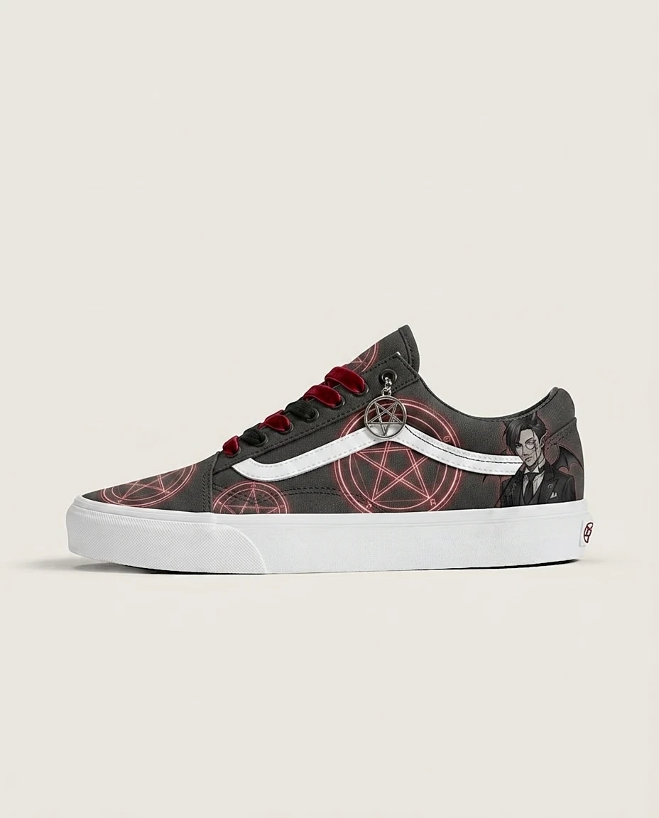 Vans Old Skool Shoes Demon Pact Pentagram Glossy Vinyl Goth Finish Custom 1 Vans Old Skool Shoes Demon Pact Pentagram Glossy Vinyl Goth Finish Custom
