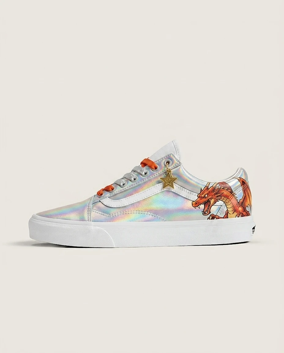 Vans Old Skool Shoes Holographic Rare Card 90s Retro Dragon Graphic Custom 1 Vans Old Skool Shoes Holographic Rare Card 90s Retro Dragon Graphic Custom