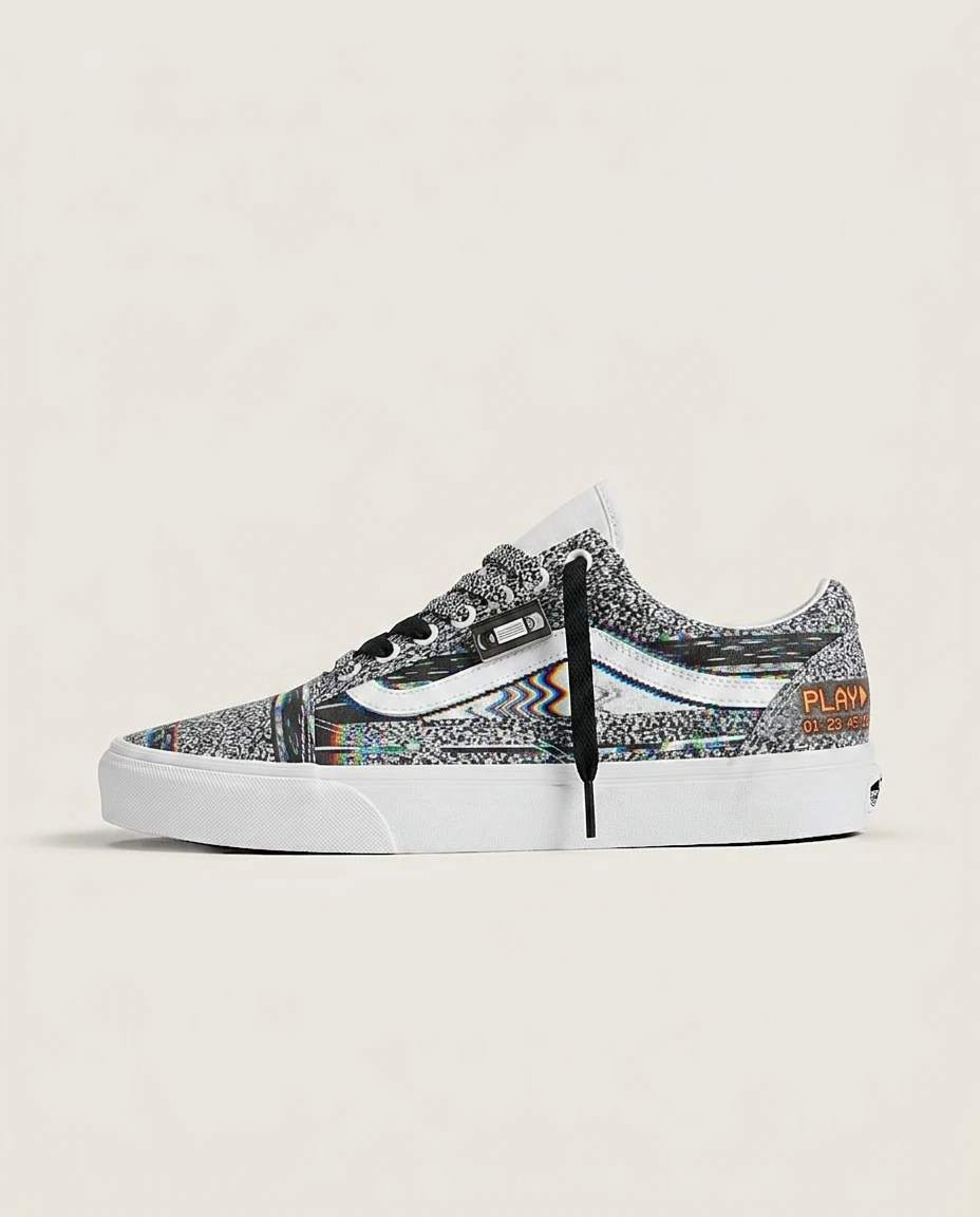 Vans Old Skool Shoes VHS Glitch Tracking 90s Retro Glitch Graphic Details Custom 1 Vans Old Skool Shoes VHS Glitch Tracking 90s Retro Glitch Graphic Details Custom