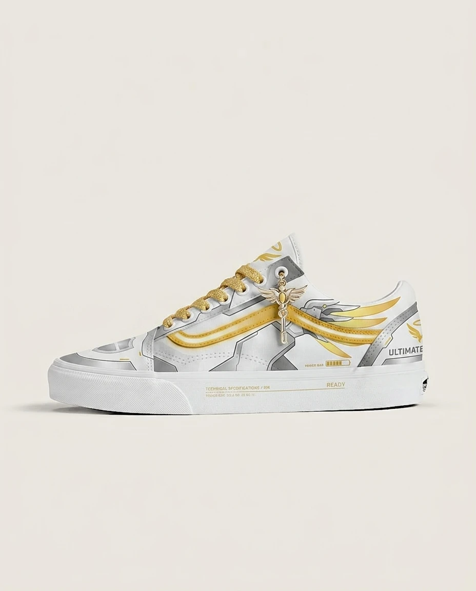 Vans Old Skool Shoes Valkyrie Medic Mecha Fantasy Gaming White And Gold Armor Styling Custom 1 Vans Old Skool Shoes Valkyrie Medic Mecha Fantasy Gaming White And Gold Armor Styling Custom